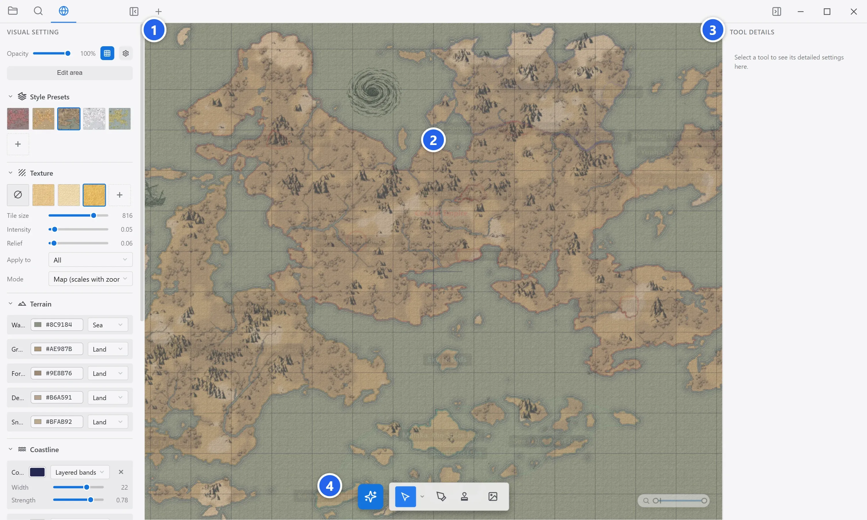 The Background edit mode layout, with numbers on the visual settings panel, the map canvas, the tool details panel, and the bottom toolbar.