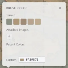 The brush color popup, with terrain swatches, attached images, recent colors, and a custom color.