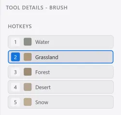 The right panel for the brush tool, with surface hotkey slots 1 to 5 assigned to water, grassland, forest, desert, and snow.
