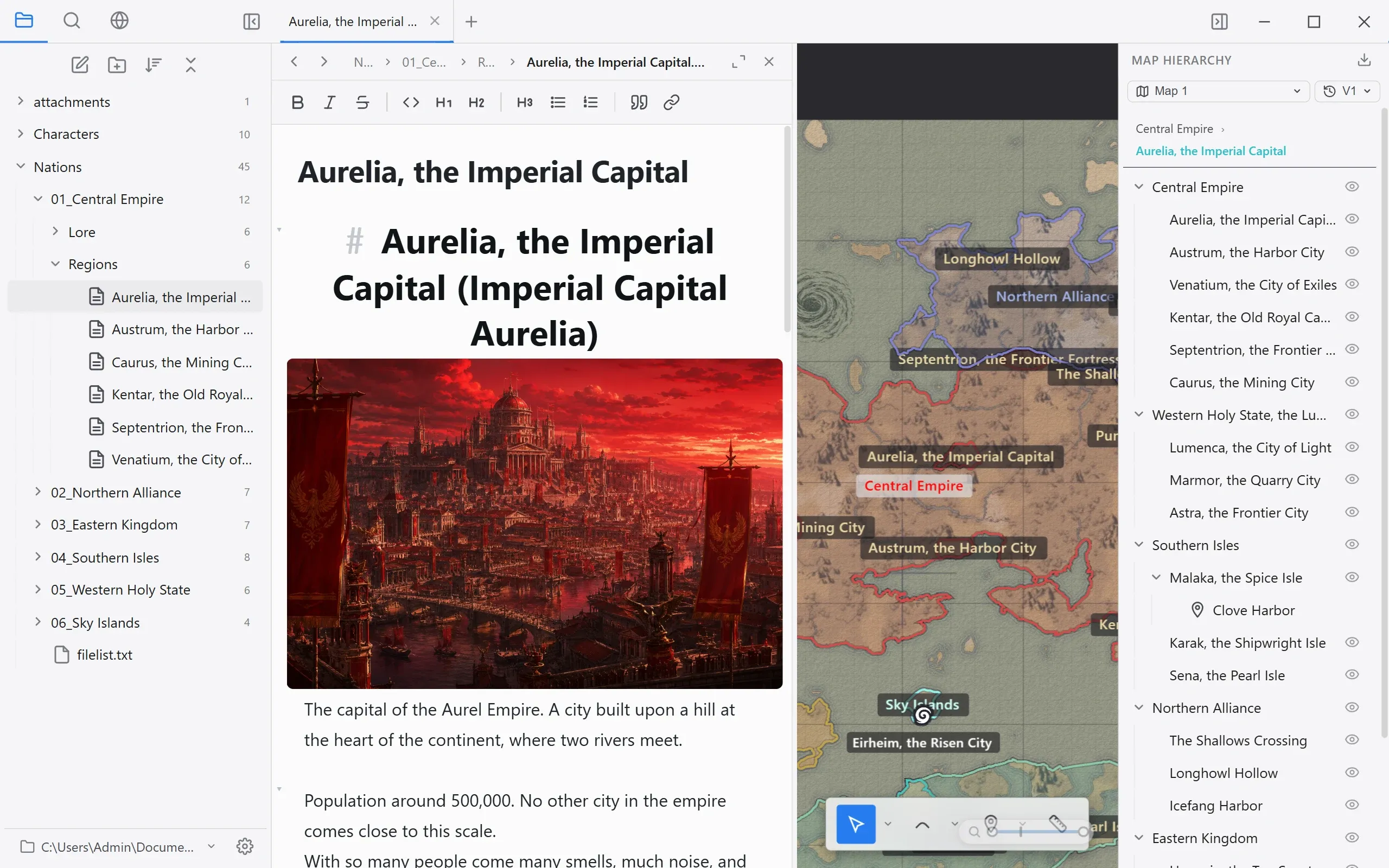 The editor docked on the left, with the document and the map side by side.