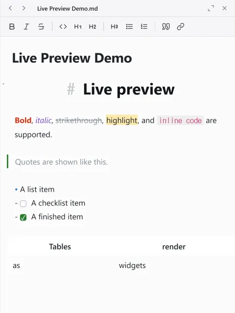 The editor with live preview, showing a styled heading, an image, and body text.