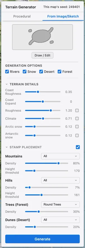 The terrain generator on the From Image/Sketch tab, with the draft box, the Draw / Edit button, and the Coast Roughness and Coast Expand sliders.