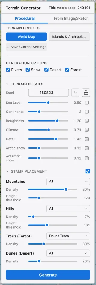 The terrain generator, with terrain presets, generation options, Terrain Details with the seed and sliders, and the Stamp Placement section all expanded.