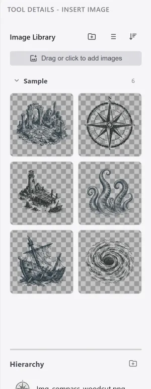 The image library in the right panel of Background edit mode, with images laid out in a grid under the Sample folder.