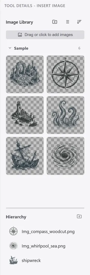 The right panel for the image tool: the library to insert from on top, and the hierarchy list of placed images below.