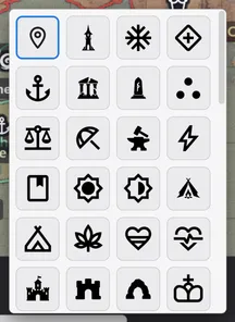 The marker icon picker in the toolbar, with built-in icons laid out in a grid.