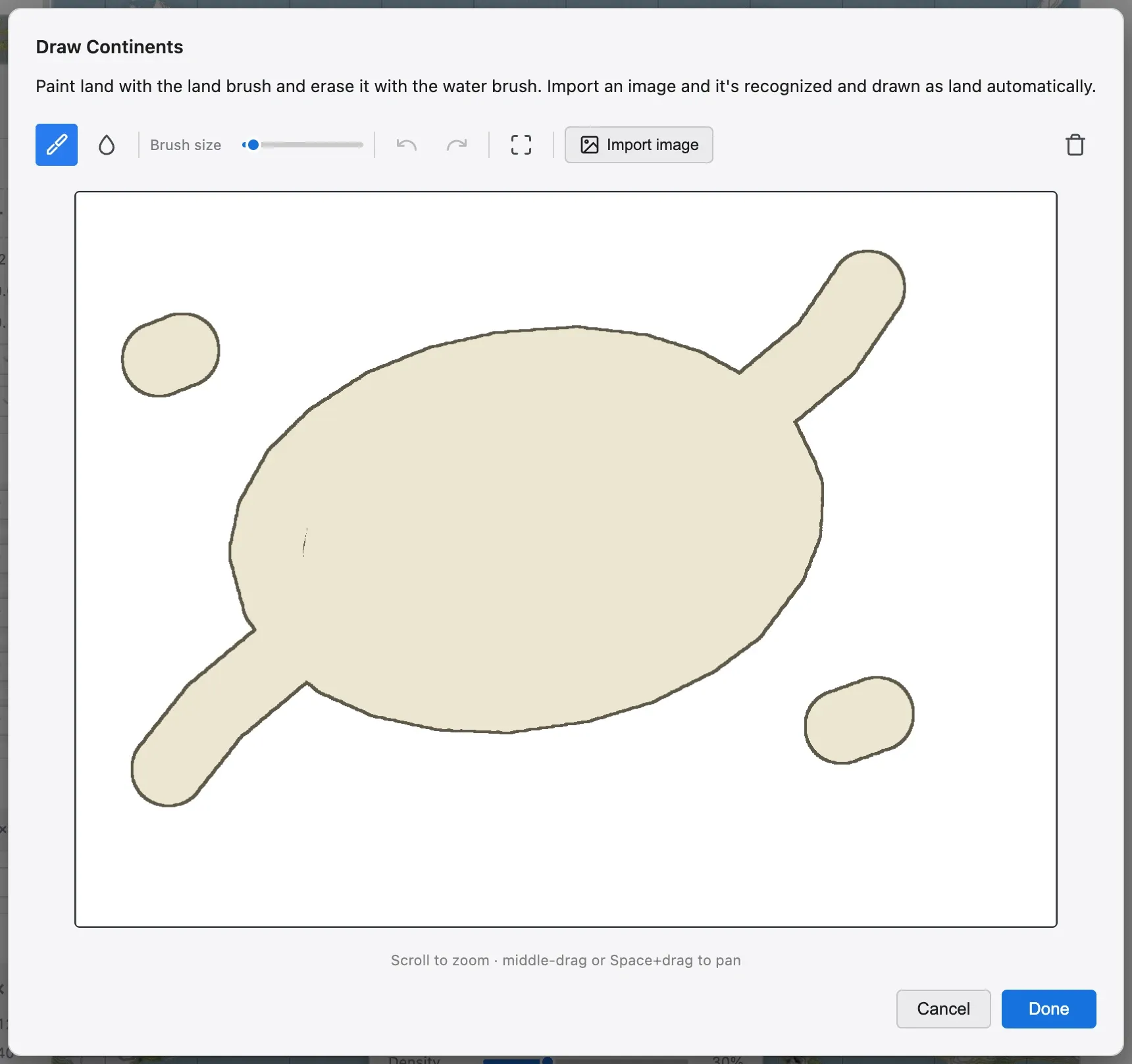 The Draw Continents editor with a hand-painted continent draft, brush controls, and the Import image button.