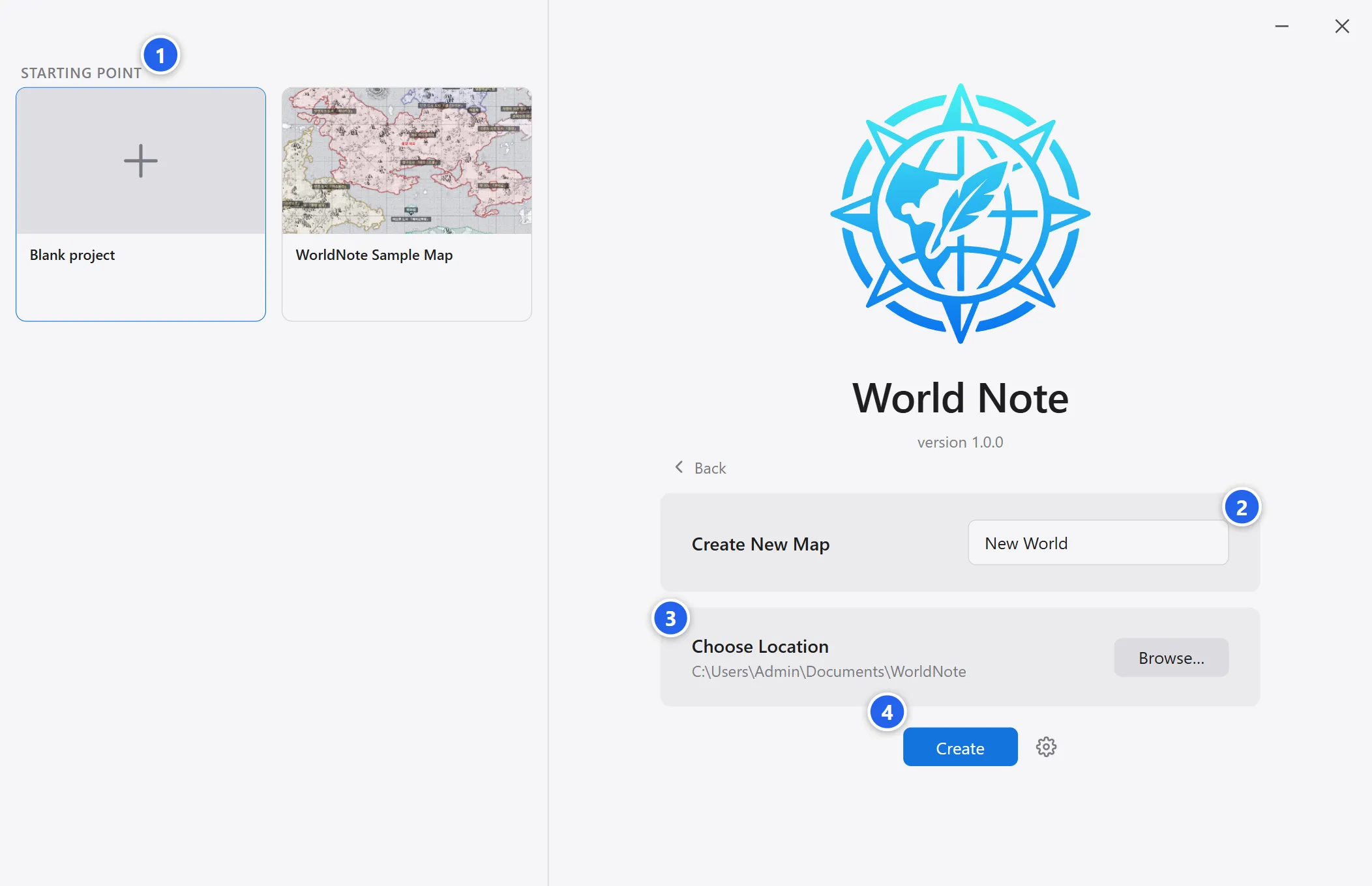 The create form, with the starting-point gallery on the left and the map name, location, and Create button on the right.