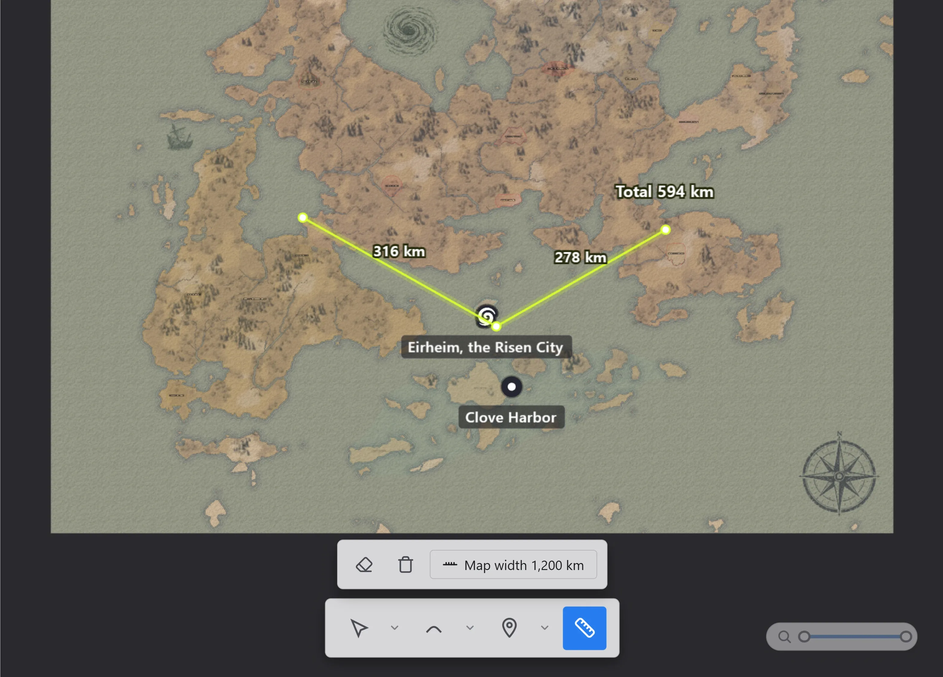 Measuring the distance between two continents with the ruler tool. Segment distances and the total show in km, with the options above the toolbar.