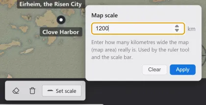 The map scale popup, with a field for the map's width in km and an apply button.