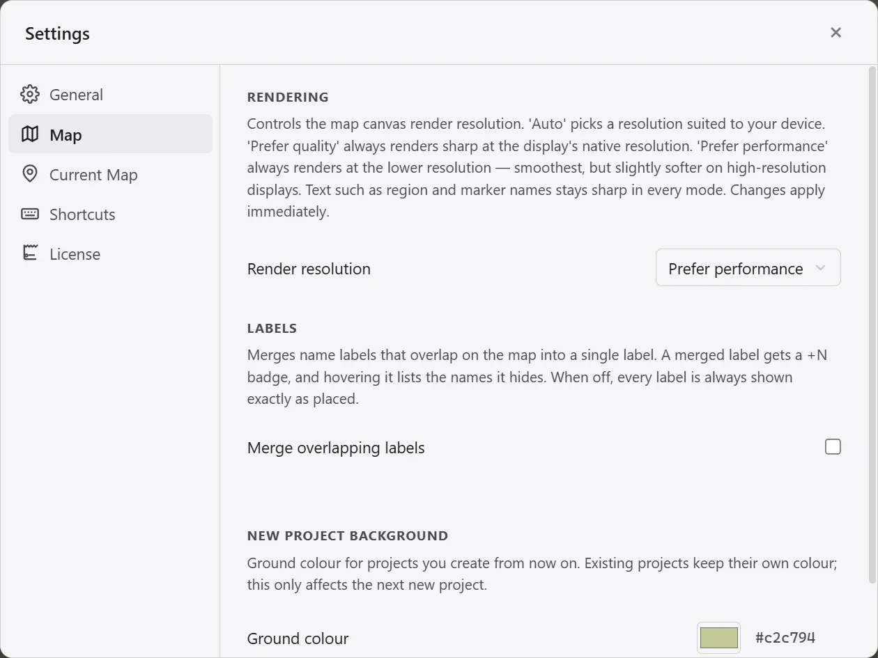 The Map tab in Settings, with the render resolution, label merging, and new project ground color items.