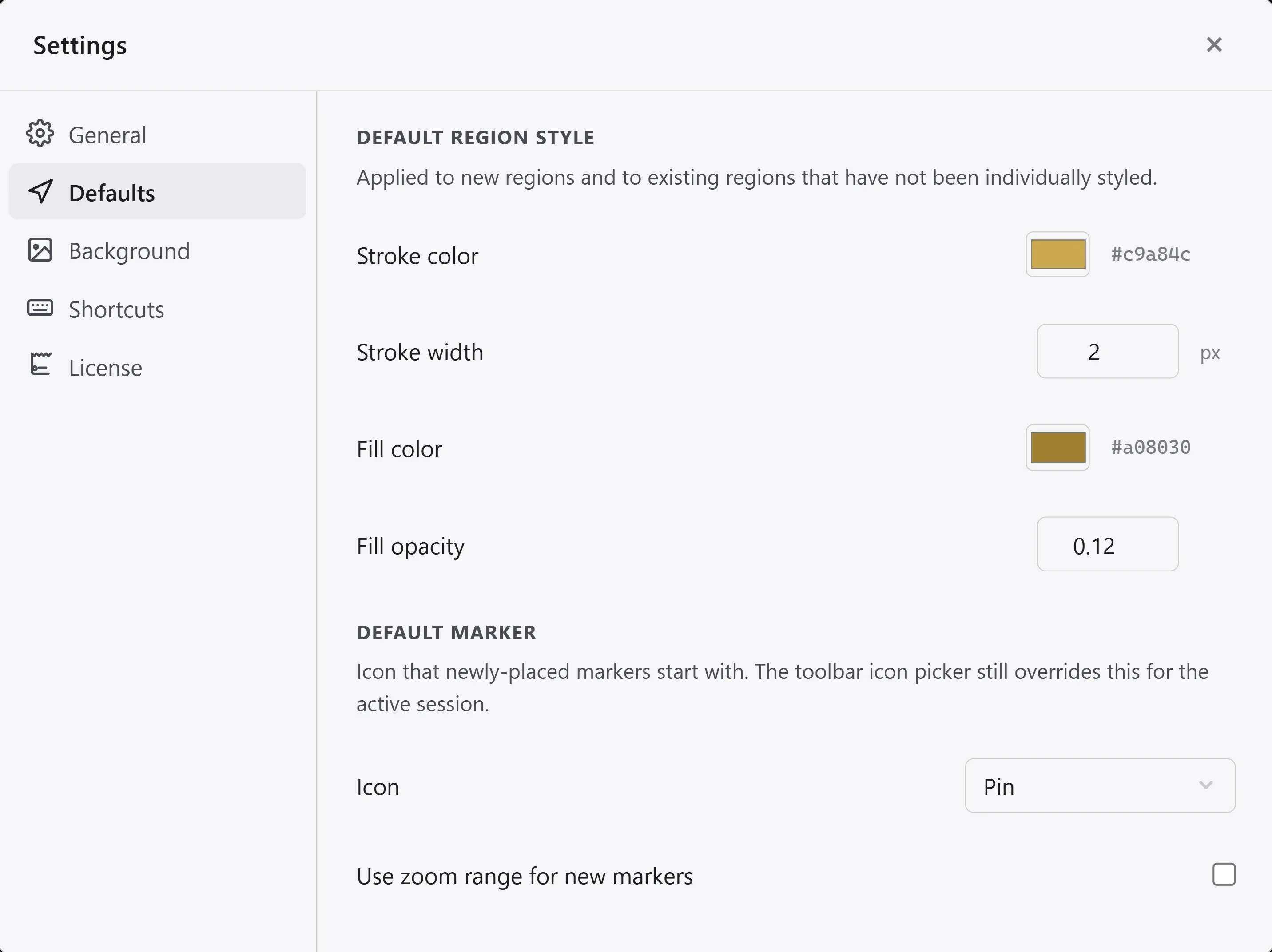 The Defaults tab in Settings, with the default region style and default marker items.