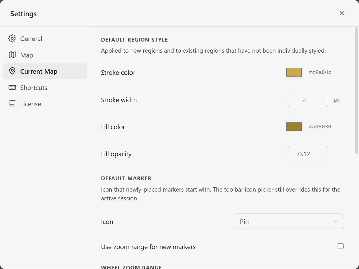 The Current Map tab in Settings, with the wheel zoom range, default region style, and default marker items.