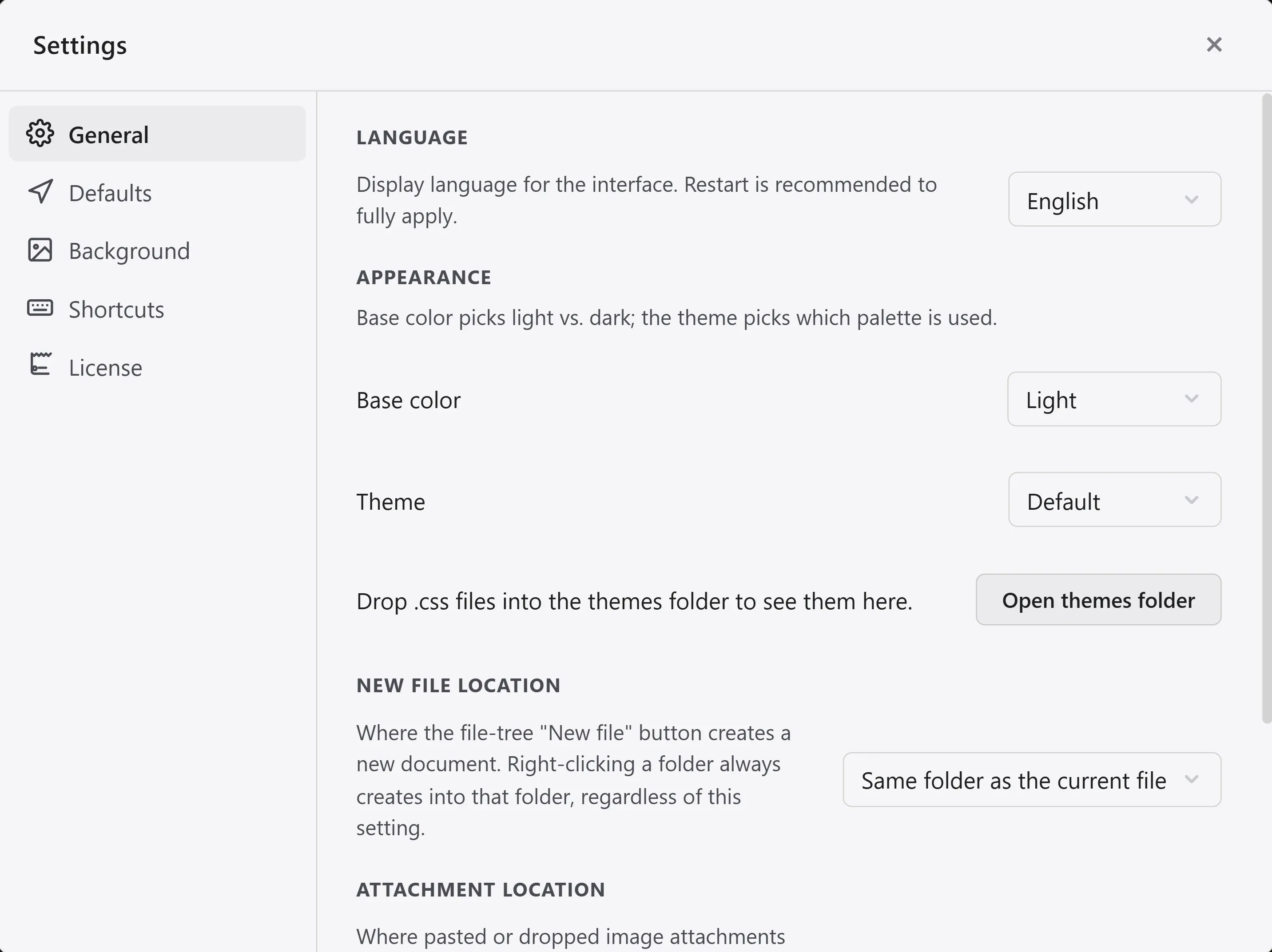 The General tab in Settings, with the language, base color scheme, theme, new document location, and attachment location items.