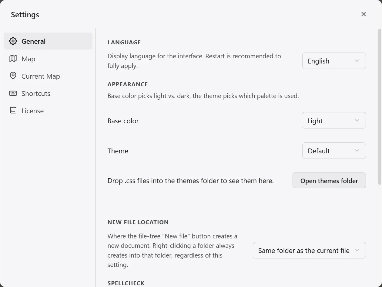 The General tab in Settings, with the language, base color scheme, theme, new file location, and spell check items.