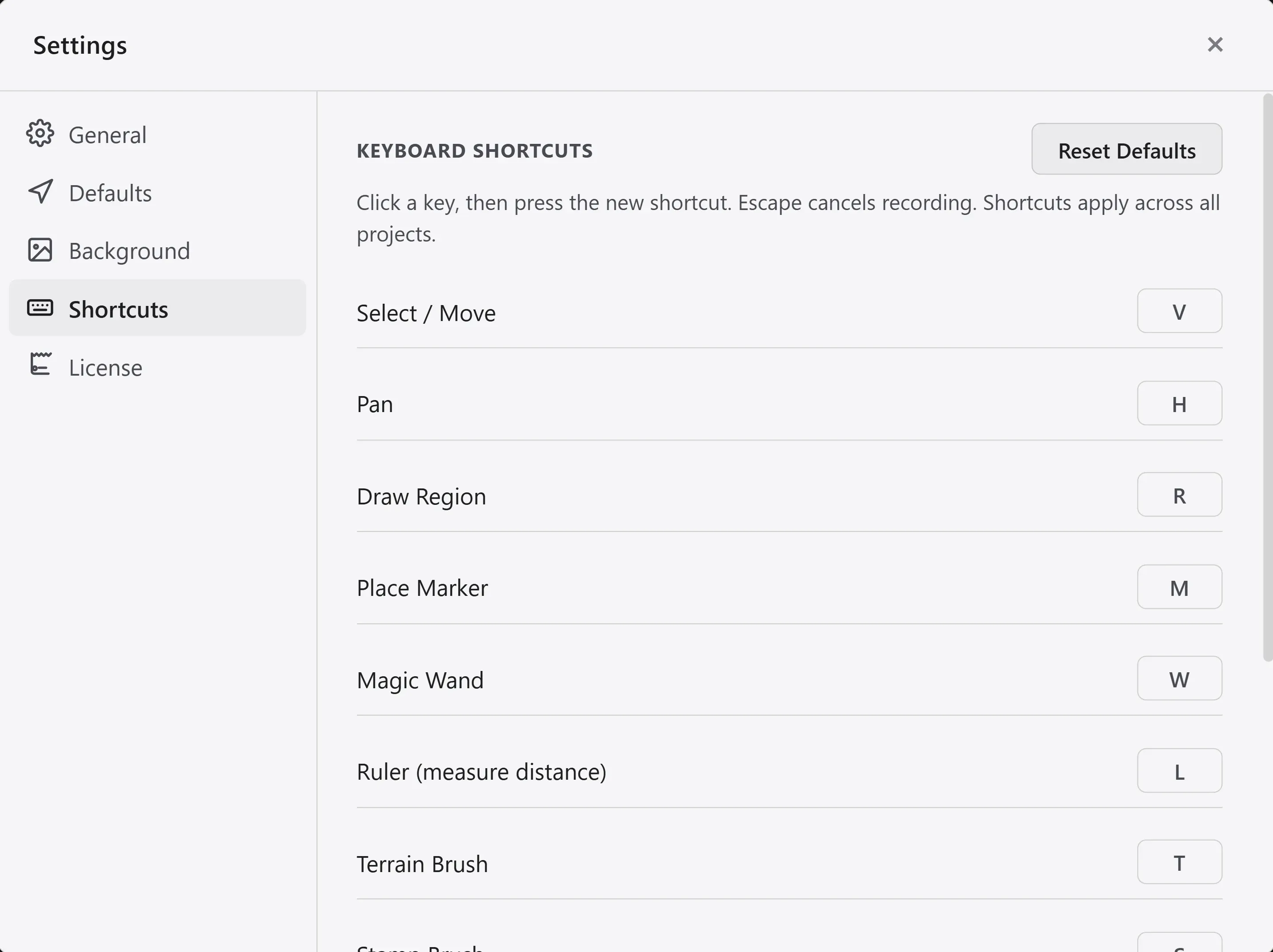 The Shortcuts tab in Settings, listing the per-tool shortcut entries.