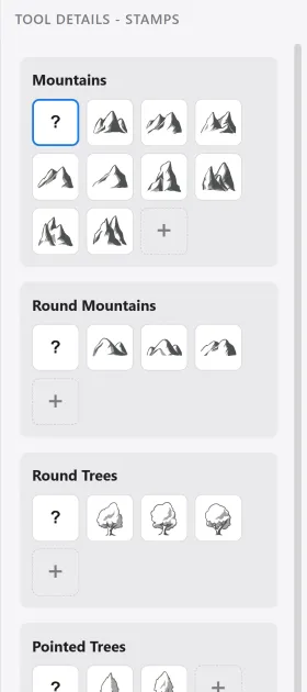 The right panel for the stamp tool, listing stamp thumbnails in the peaked mountains, round mountains, and round trees categories.