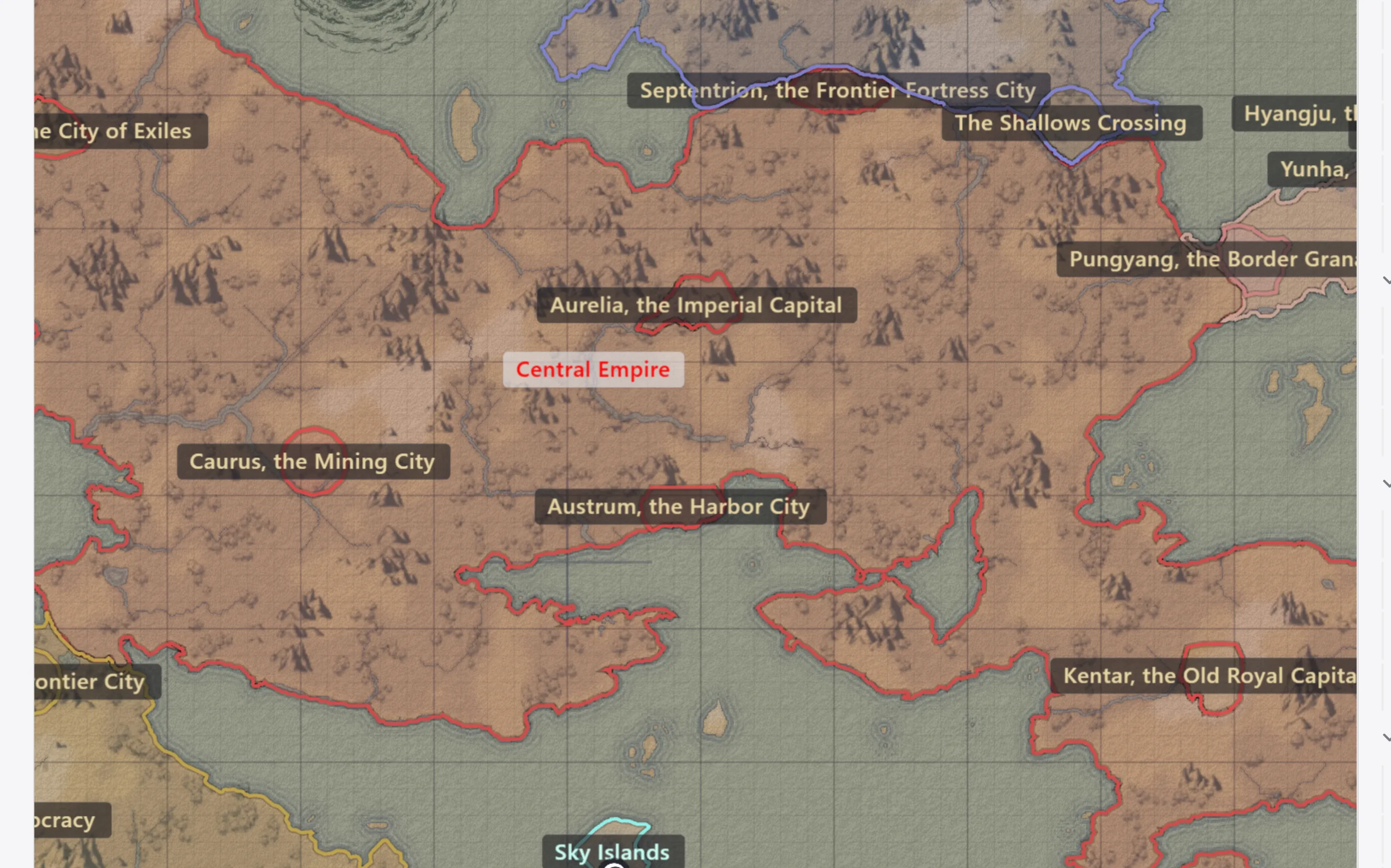 A zoomed-in map scattered with mountain and tree stamps.