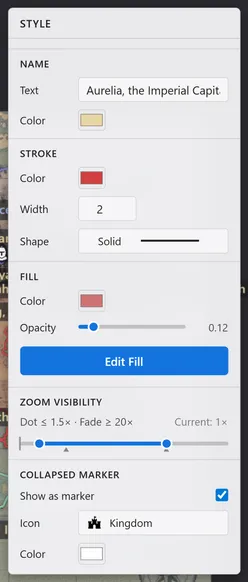 The region style panel, with name, border, fill, zoom display range, and collapsed-marker controls.