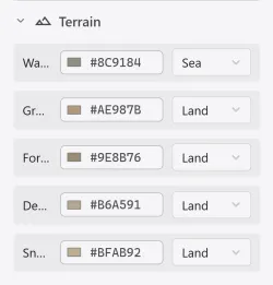 The Terrain section in the left panel, with a color and blend mode per surface.